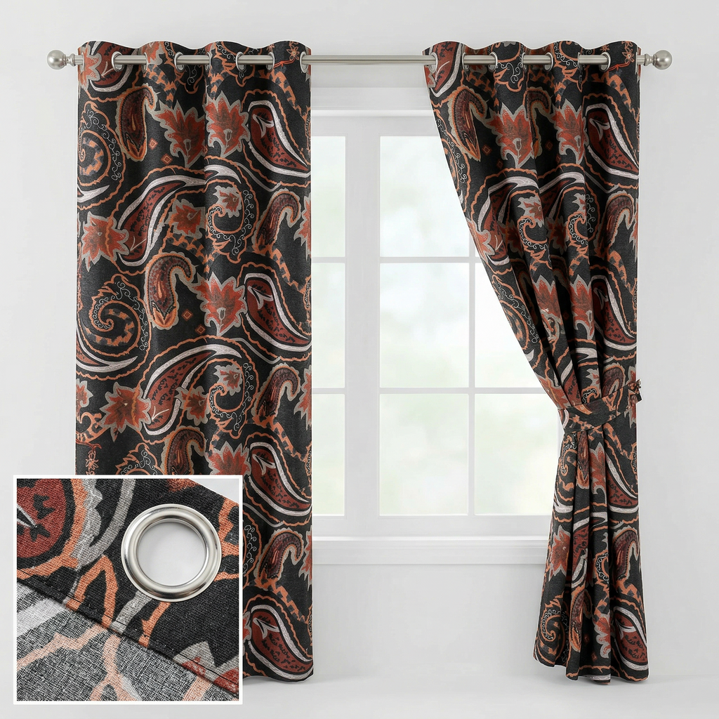 Black & Orange Paisley Curtains