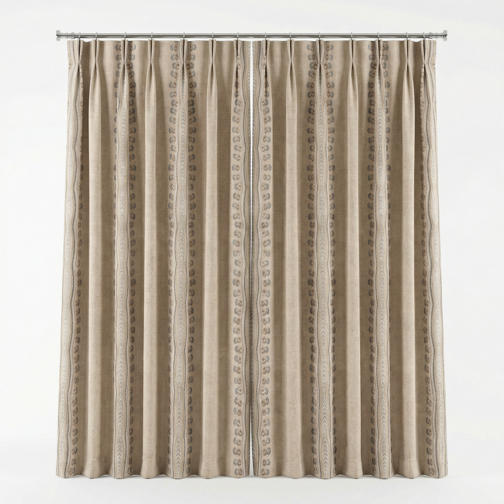 Natural Linen Look Teal & Gold Ethnic Border Curtains