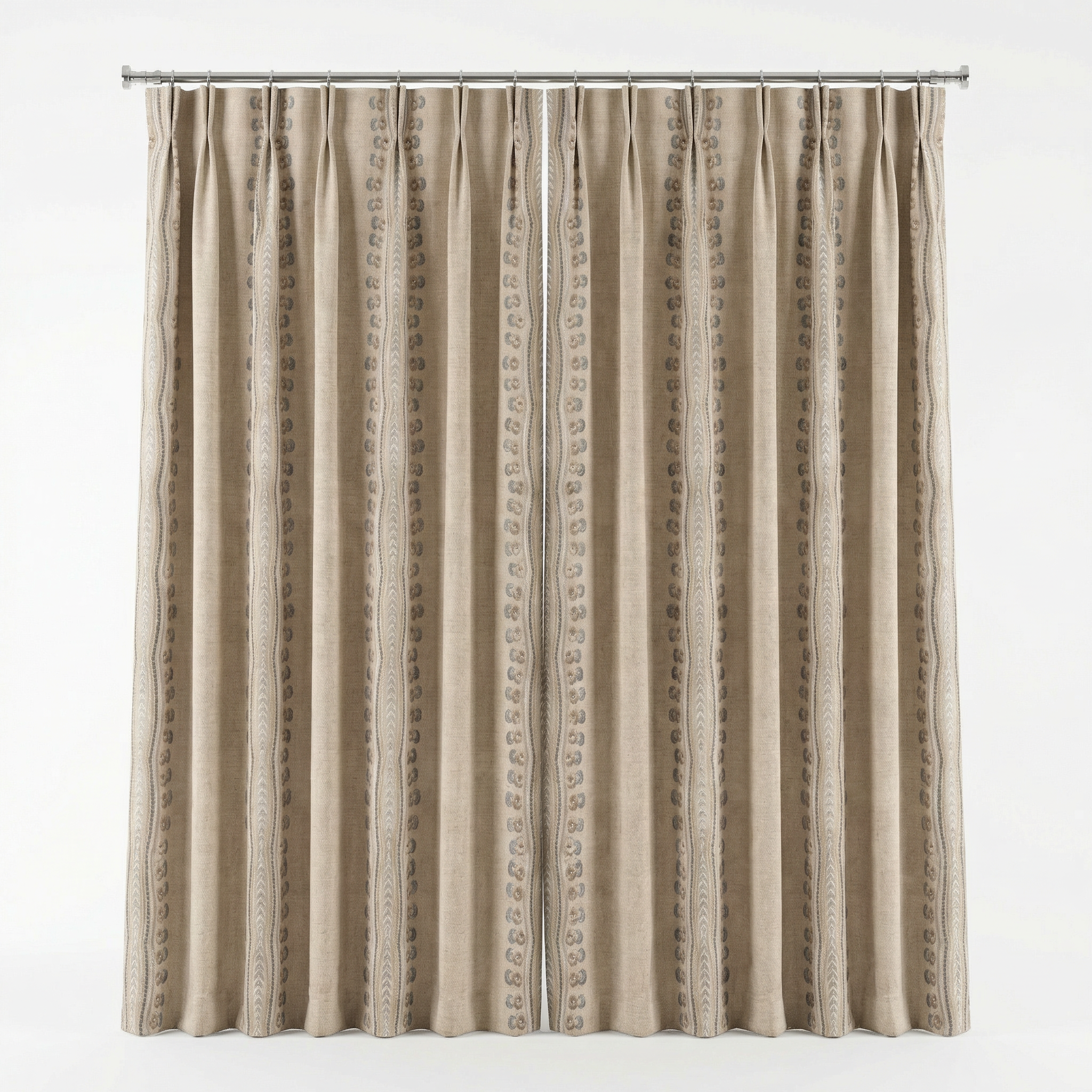 Natural Linen Look Teal & Gold Ethnic Border Curtains