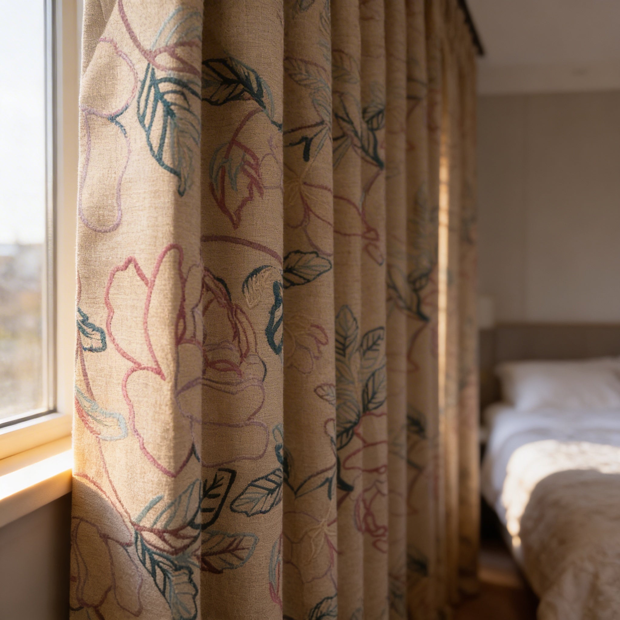 Cream Embroidered Jacobean Floral Curtains