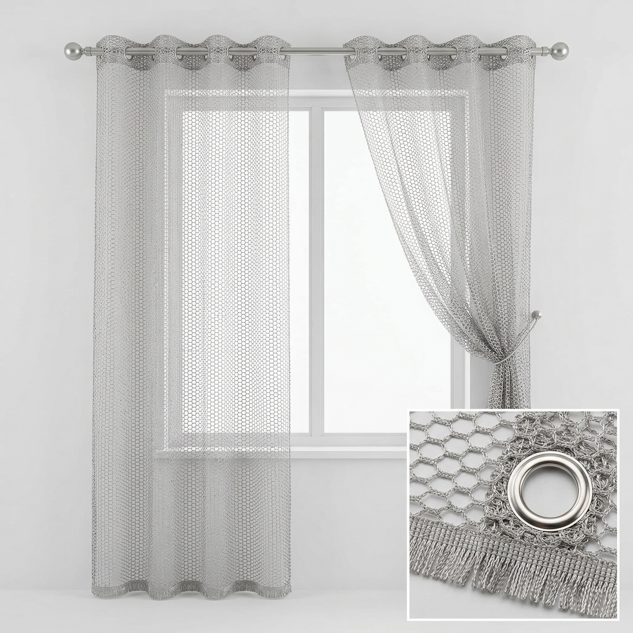 Silver Grey Open Mesh Net Curtains