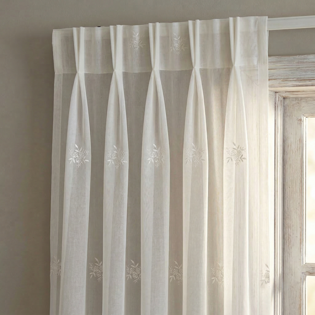 White Floral Embroidered Tulle Curtains