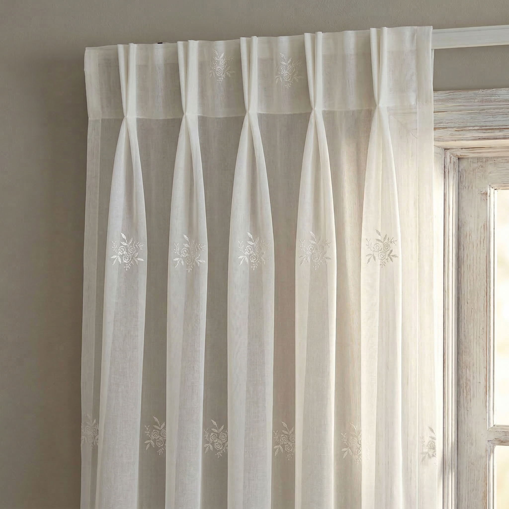 White Floral Embroidered Tulle Curtains