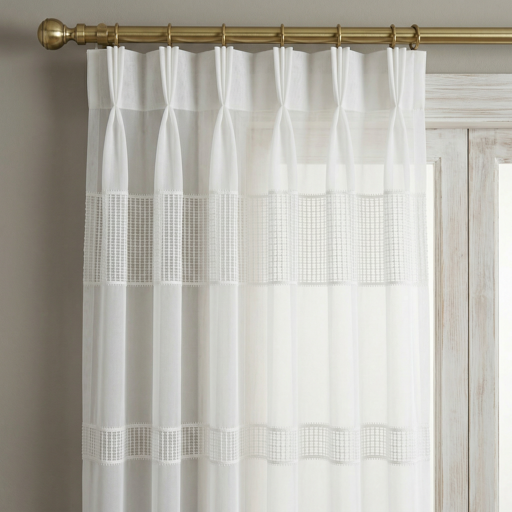 White Linen Sheer Curtains with Net Border