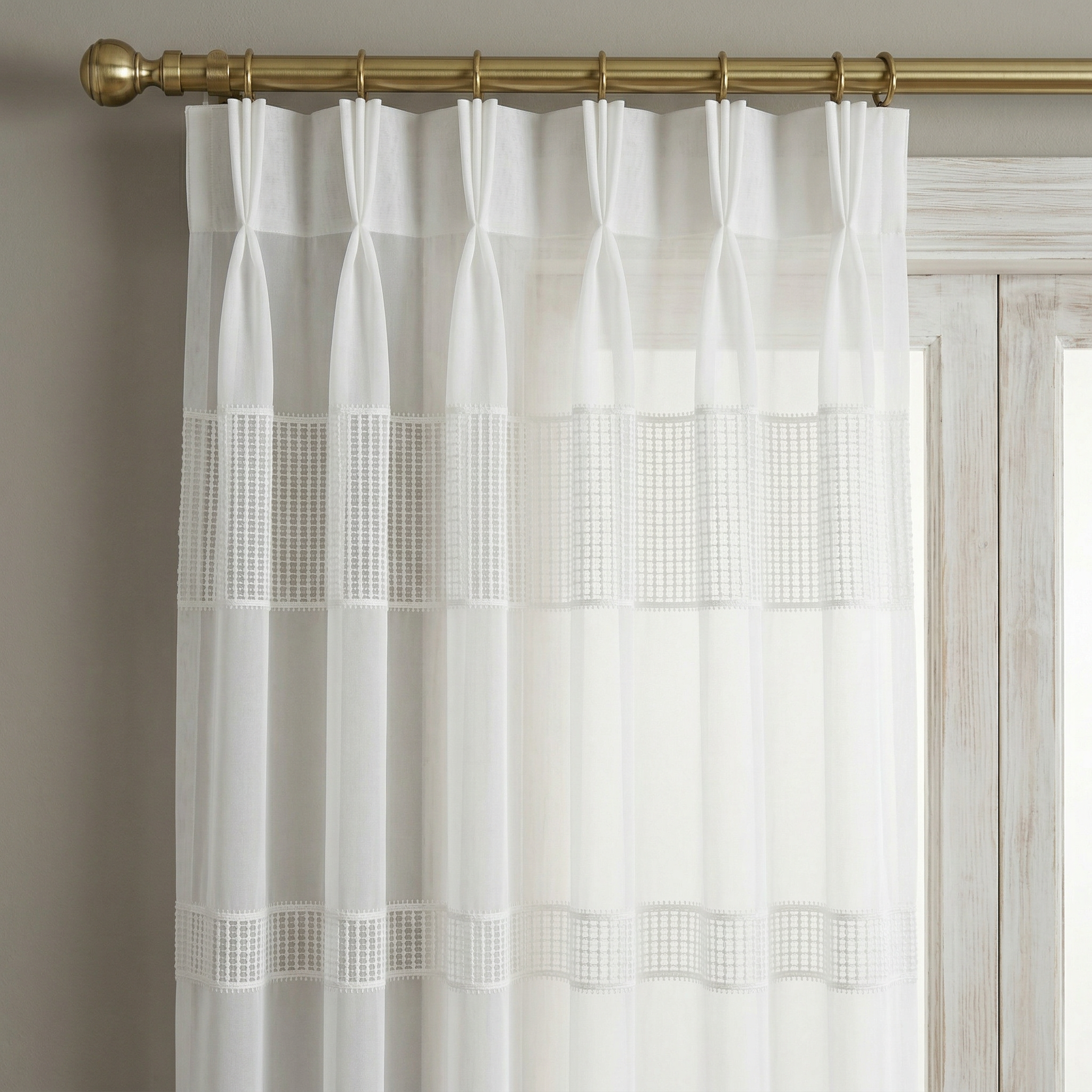 White Linen Sheer Curtains with Net Border