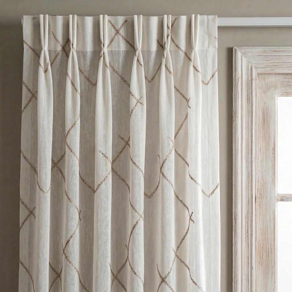 Luxury Embroidered Geometric Linen Blend Sheer Curtains