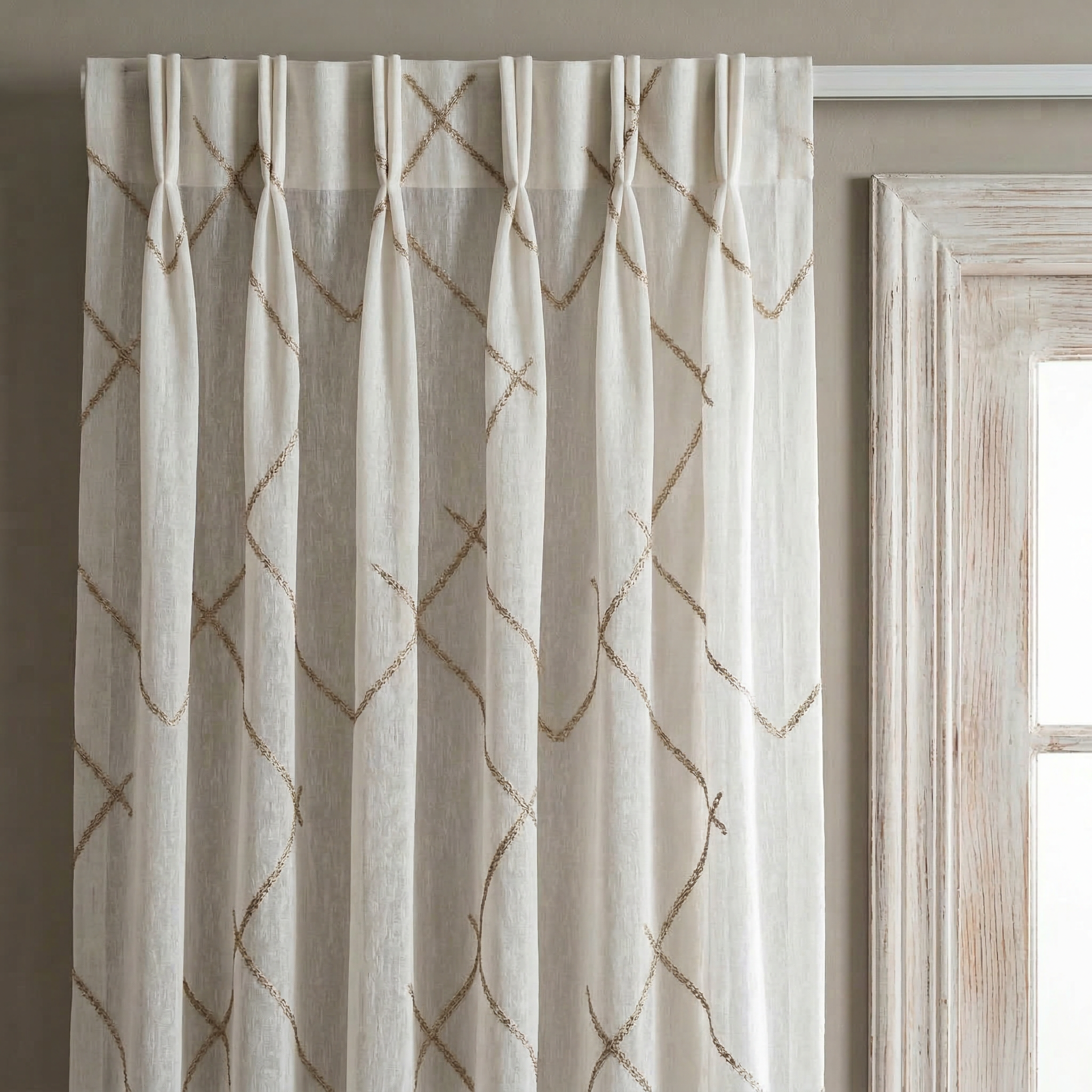 Luxury Embroidered Geometric Linen Blend Sheer Curtains