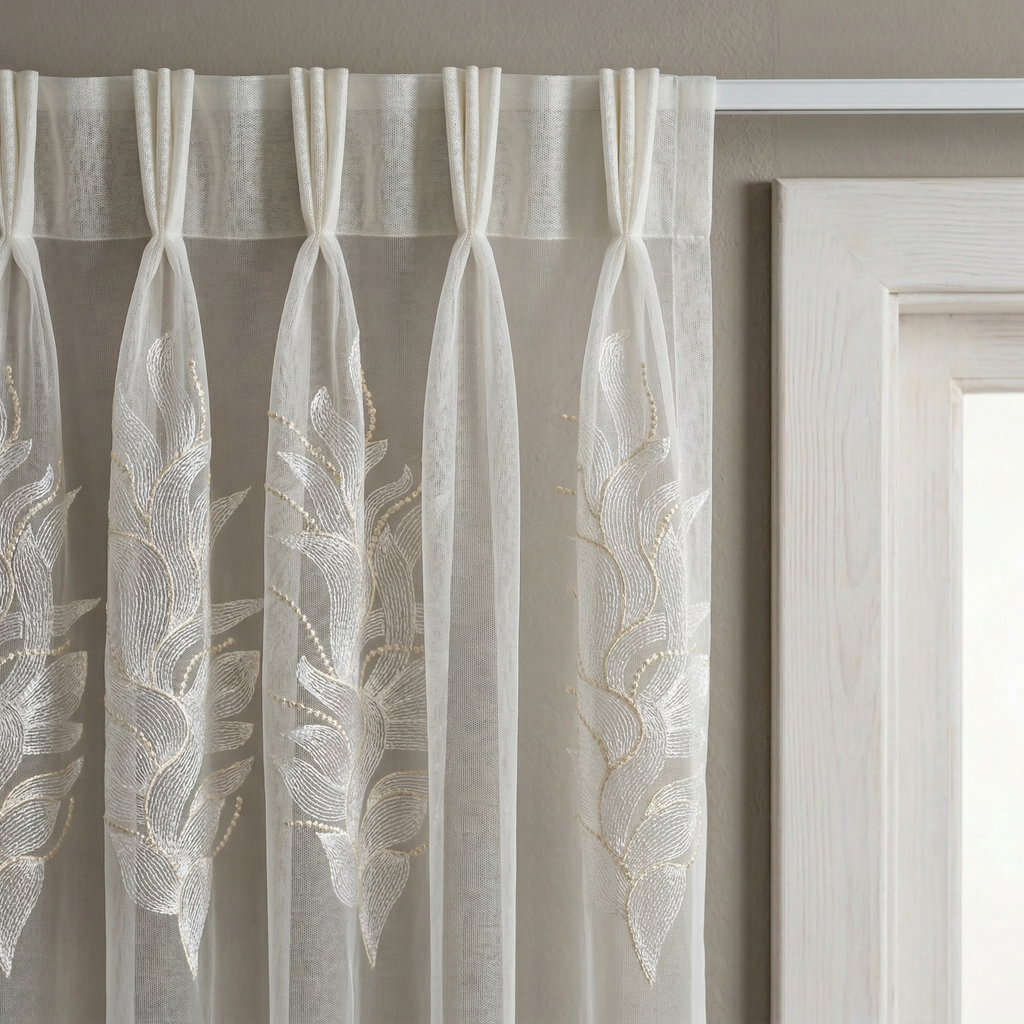 Sophia Embroidered Leaf White Voile Curtains