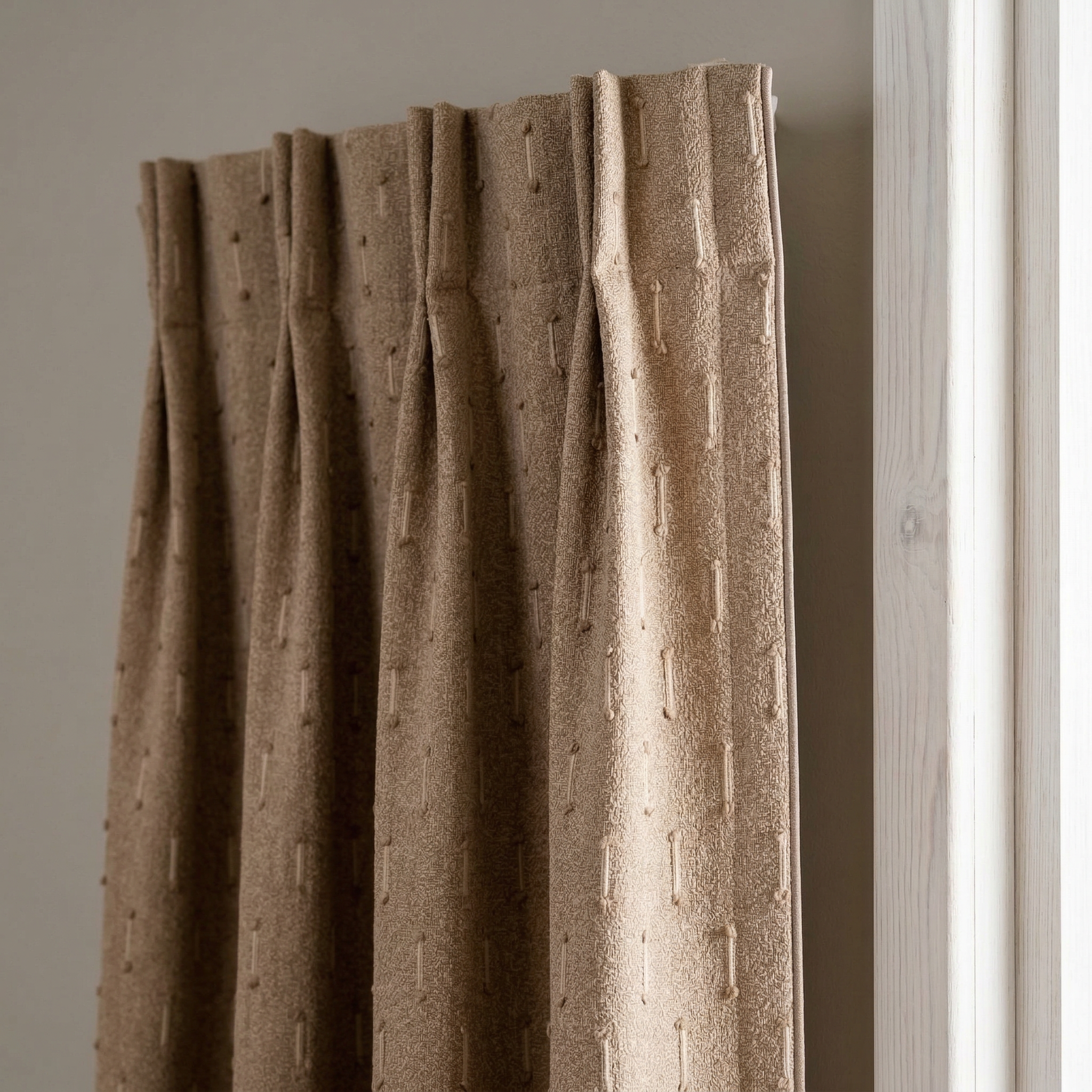 Luxury Natural Brown Tufted Linen Mix Pleated Curtains