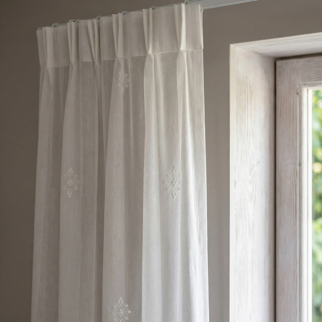 White Embroidered Voile with Lace Trim Curtains