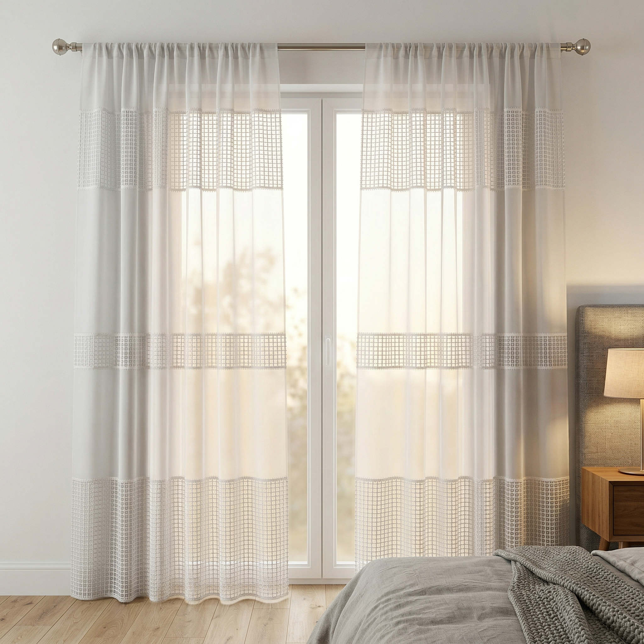 White Linen Sheer Curtains with Net Border
