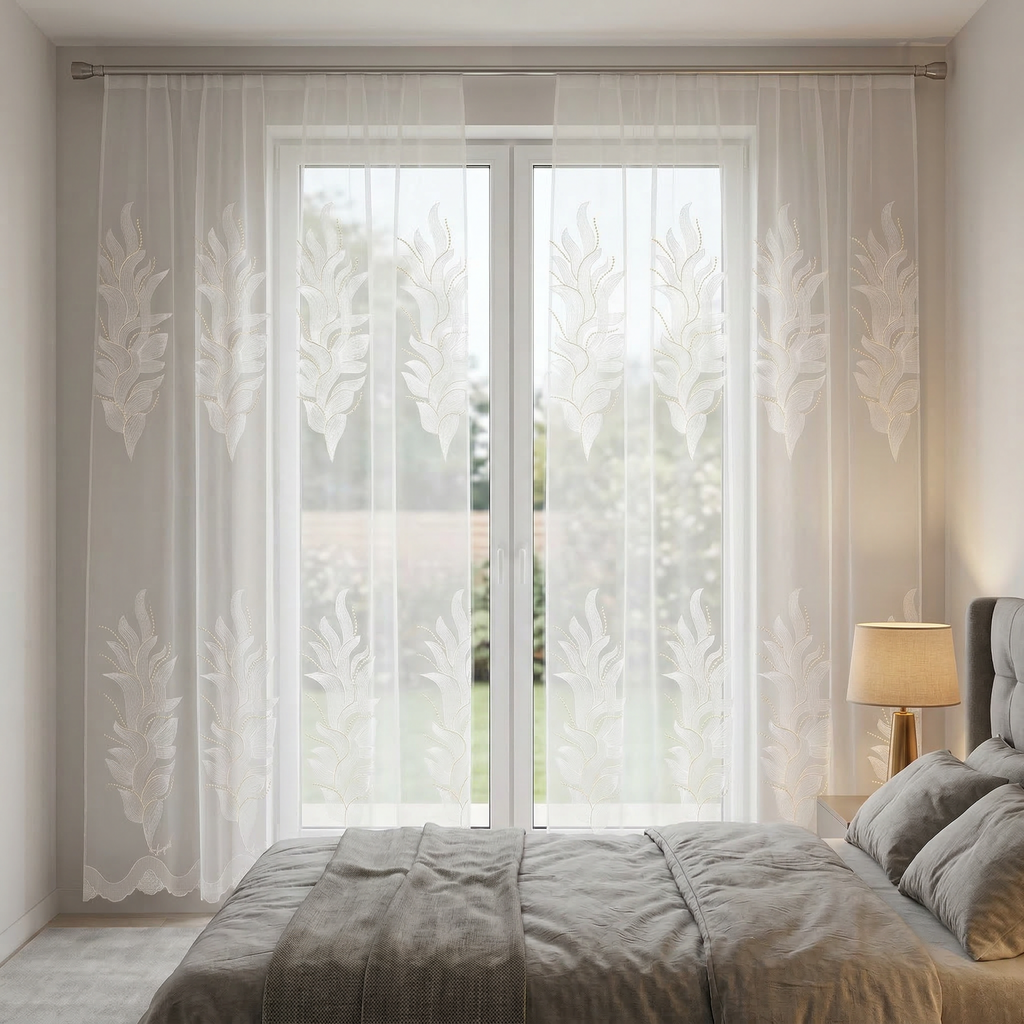 Sophia Embroidered Leaf White Voile Curtains