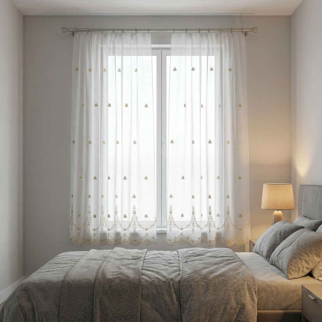 Luxury Off-White Linear Embroidery Sheer Voile Curtains