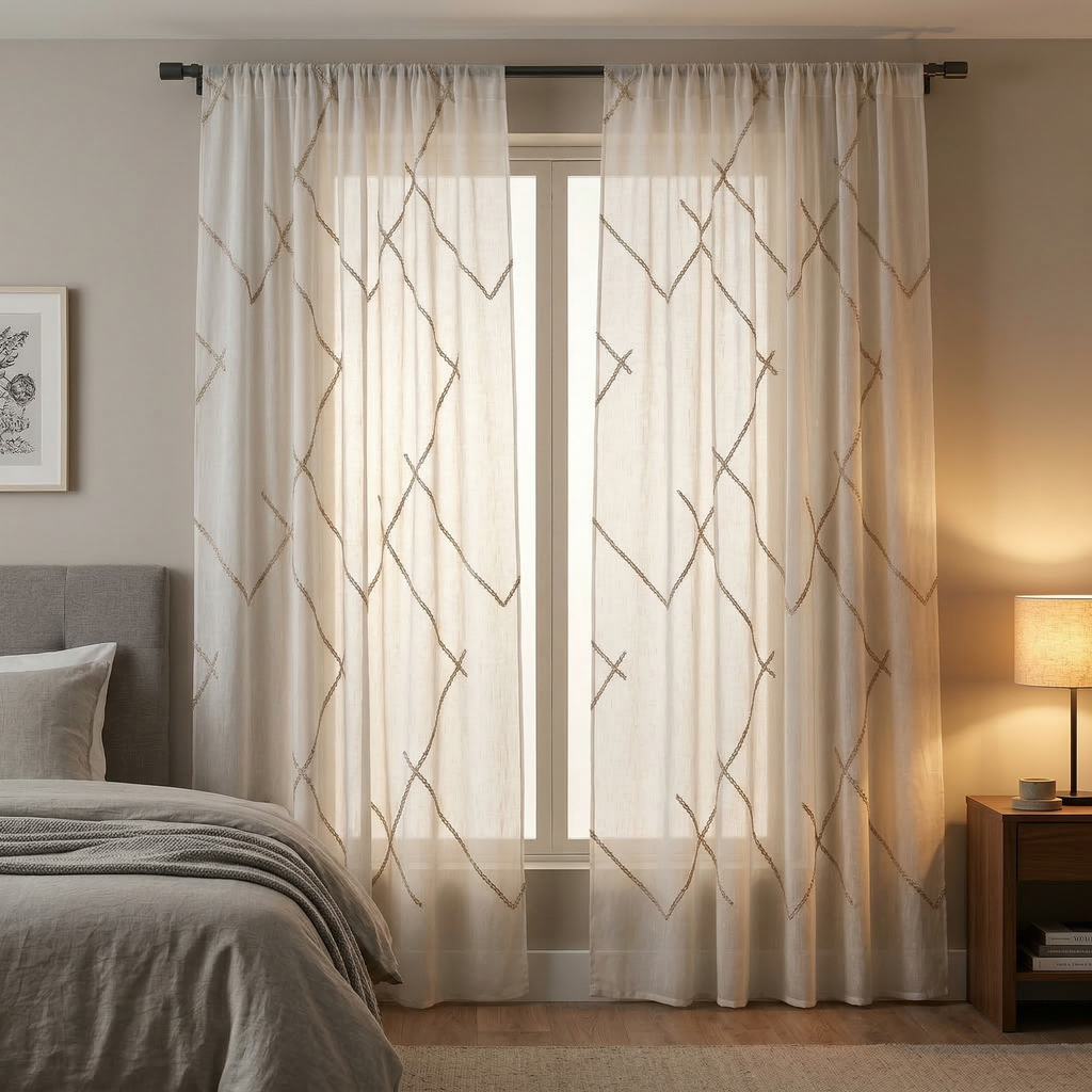 Luxury Embroidered Geometric Linen Blend Sheer Curtains
