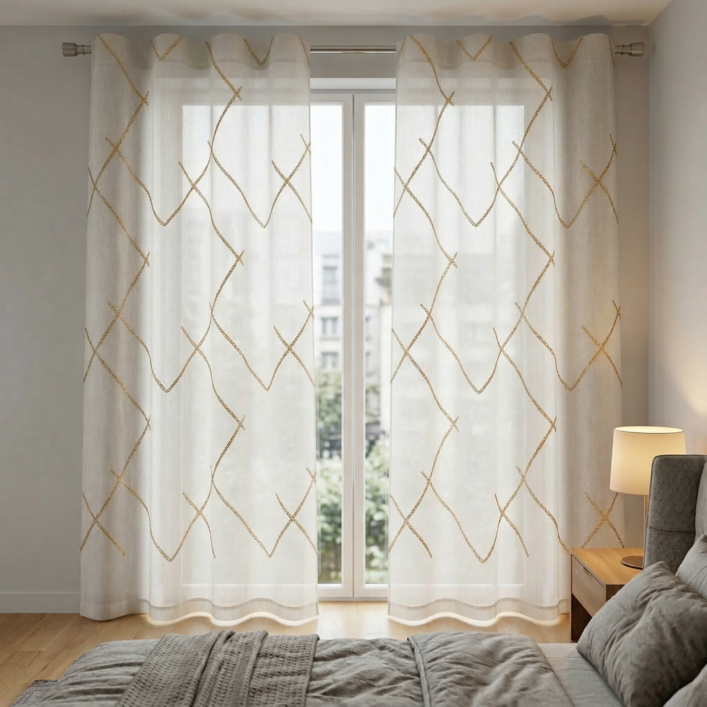 Luxury Embroidered Geometric Linen Blend Sheer Curtains