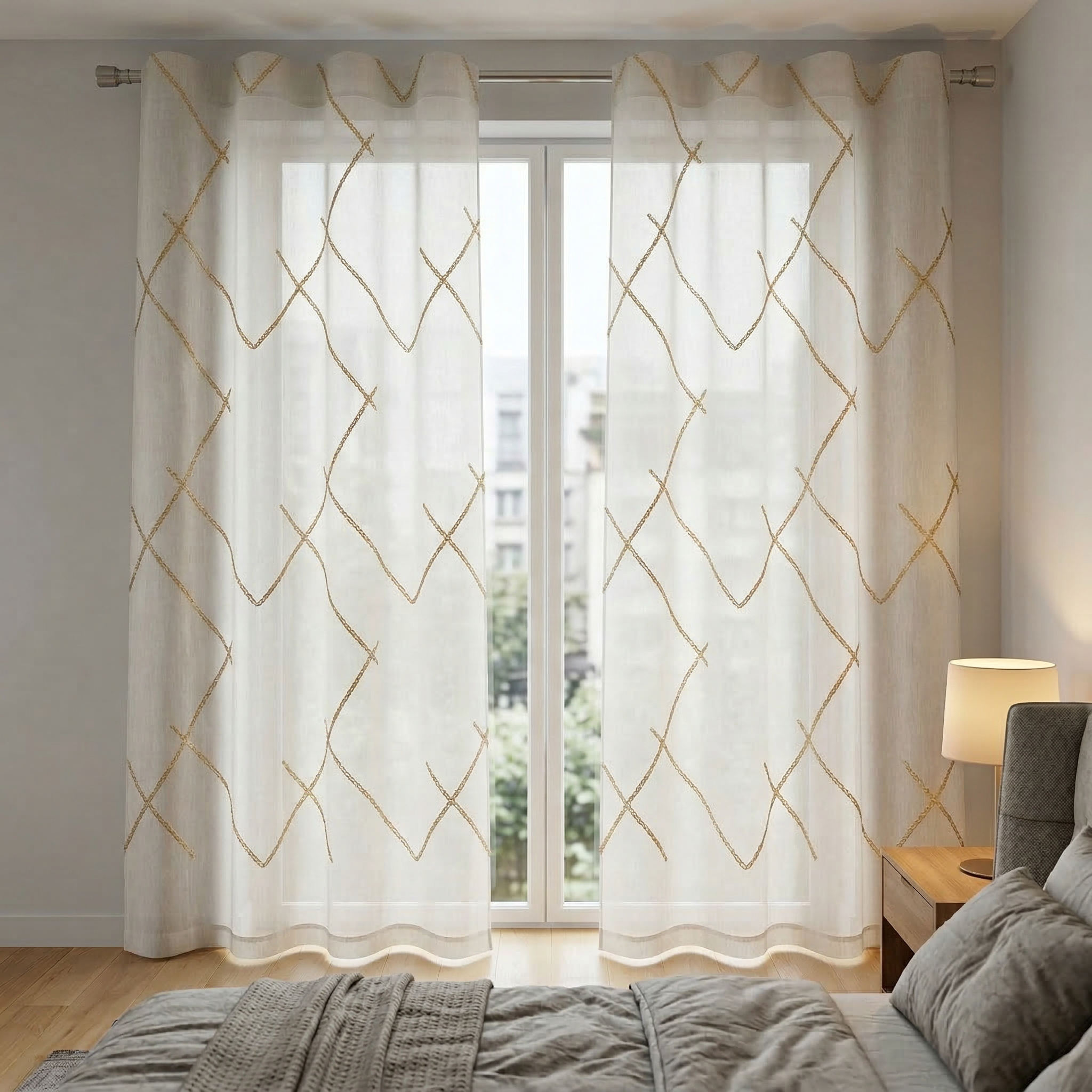 Luxury Embroidered Geometric Linen Blend Sheer Curtains