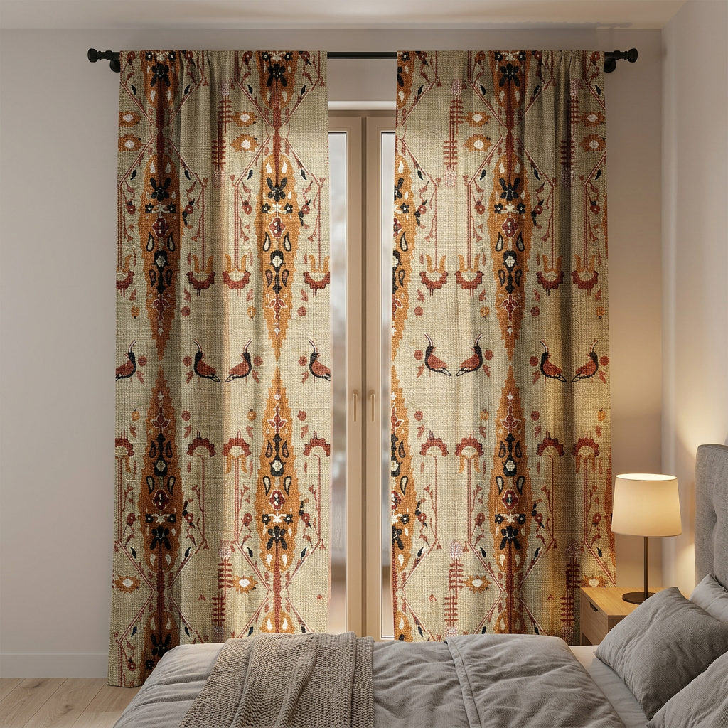 Rust And Black Oriental Bird Pattern Curtains