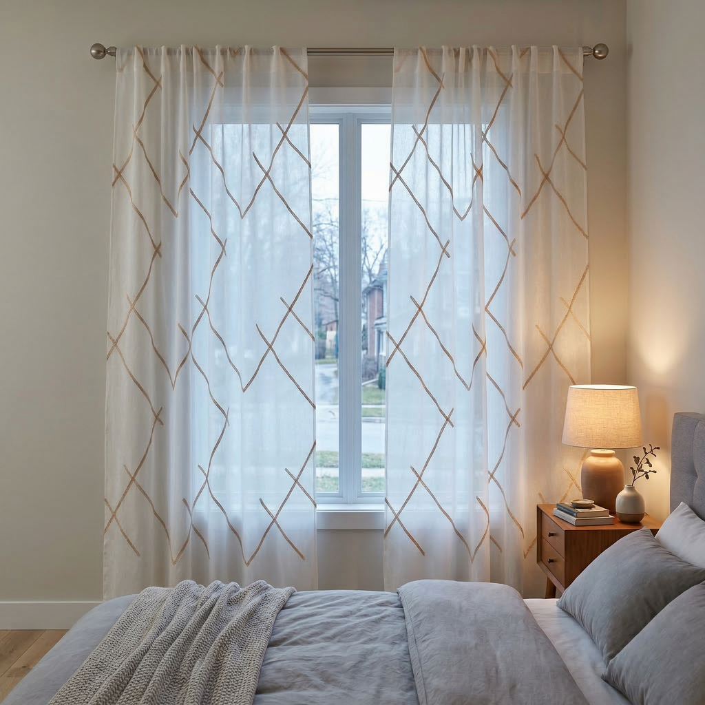 Luxury Embroidered Geometric Linen Blend Sheer Curtains