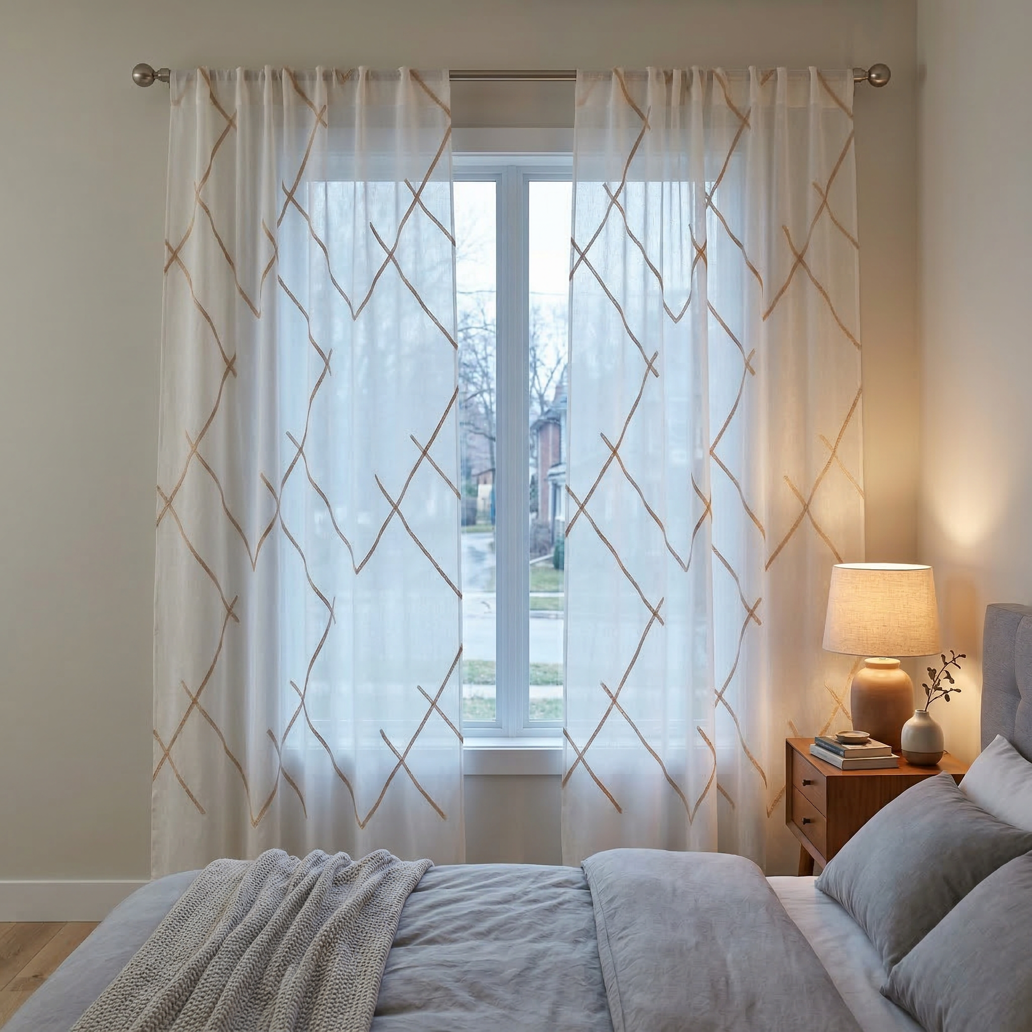 Luxury Embroidered Geometric Linen Blend Sheer Curtains