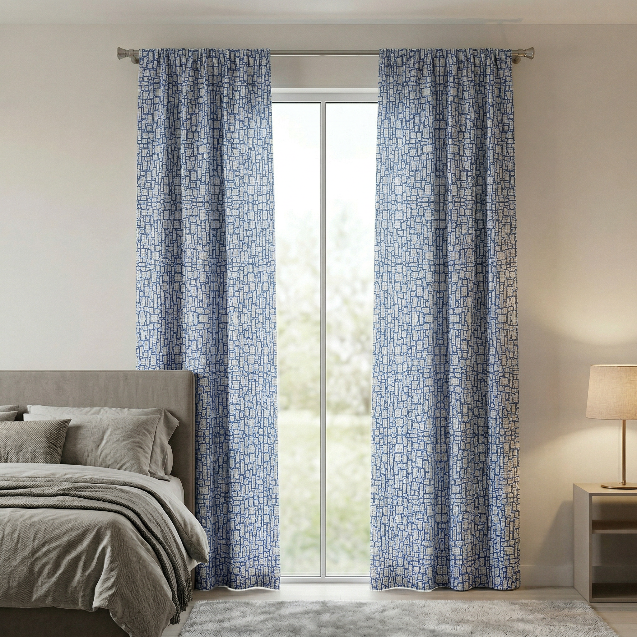 Blue Geometric Squares Curtains