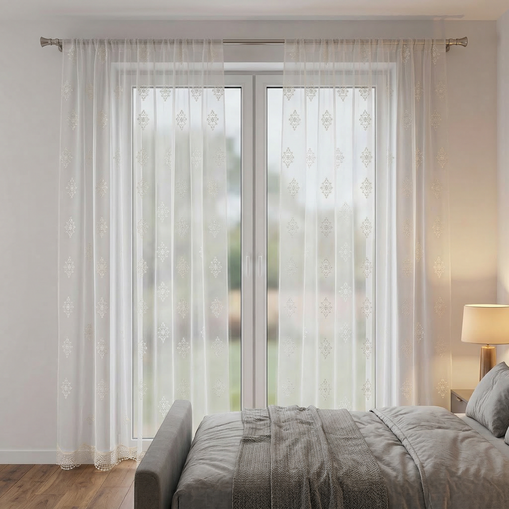 White Embroidered Voile with Lace Trim Curtains