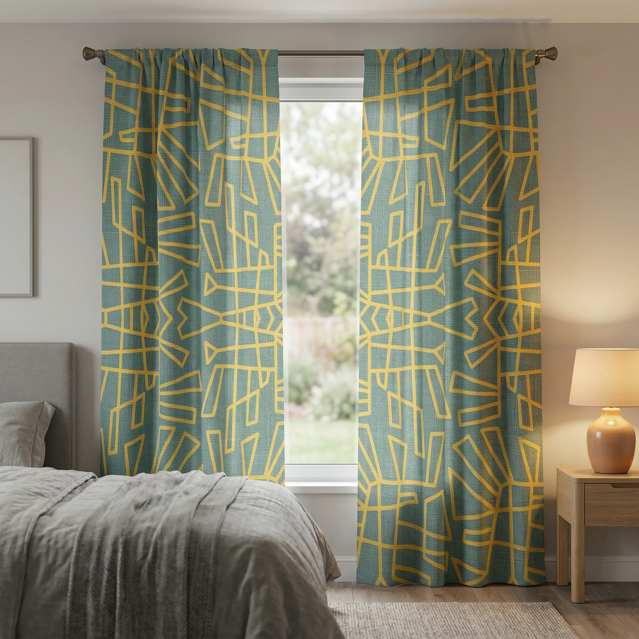 Teal and Mustard Geometric Curtains