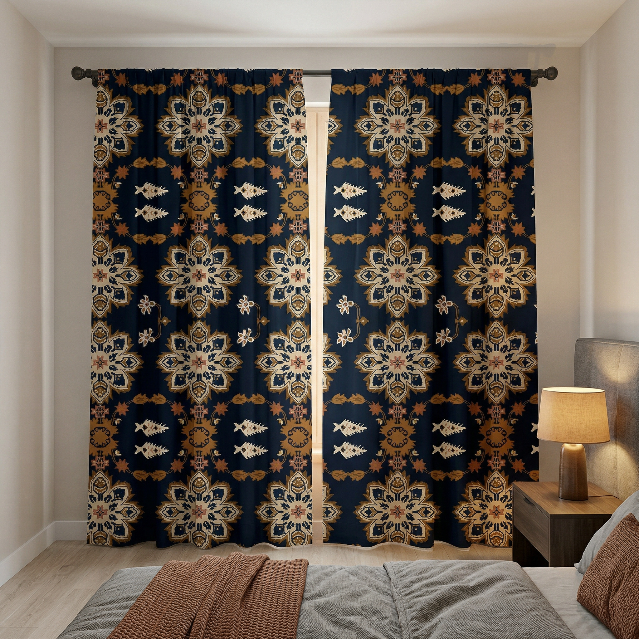 Navy Blue Fabric With Flower And Fish Curtains