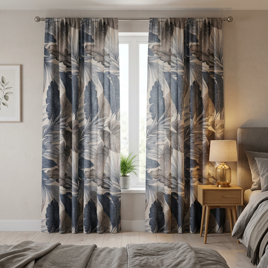 Navy Blue Tropical Palm Leaf Curtains