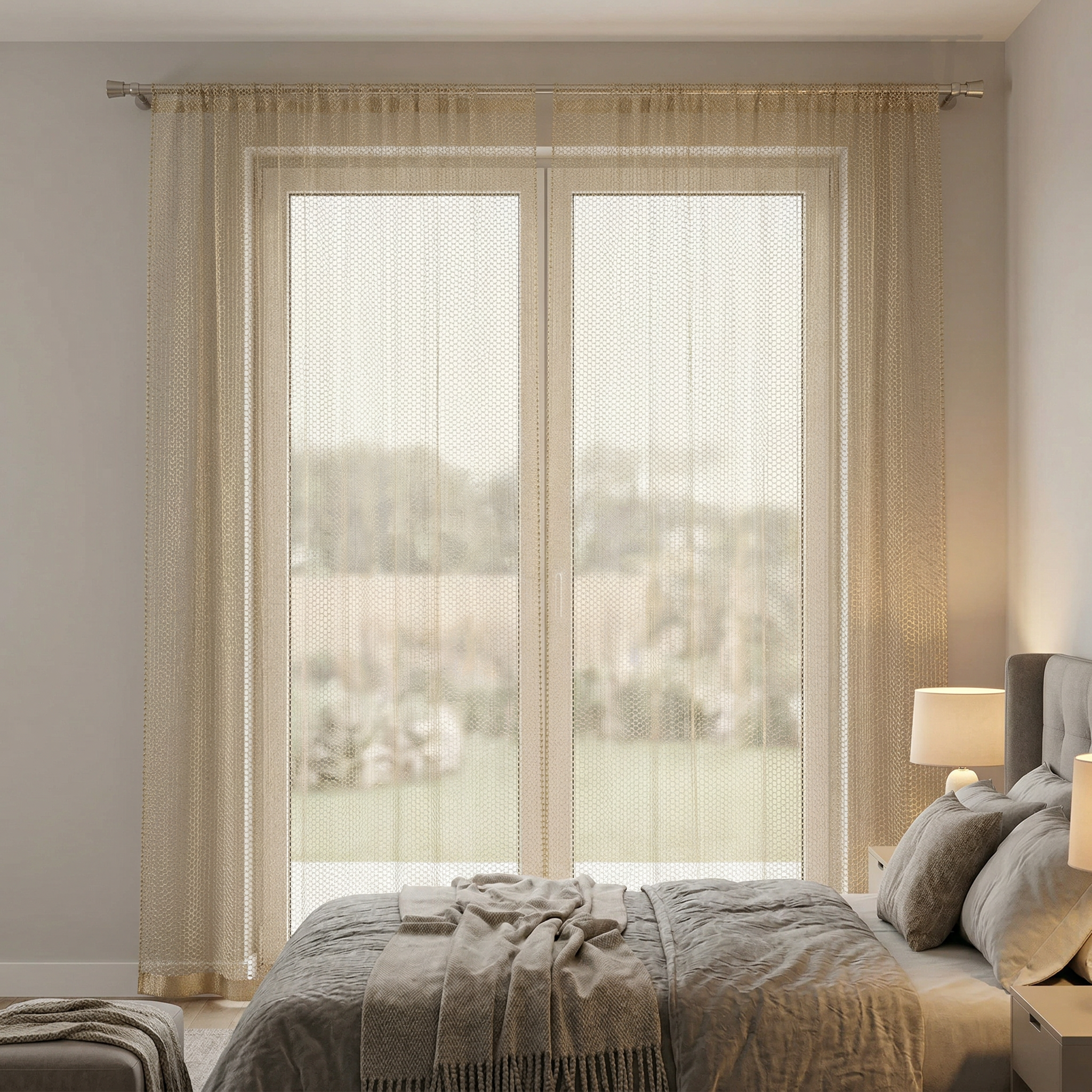 Geometric Open Weave Lattice Net Curtain