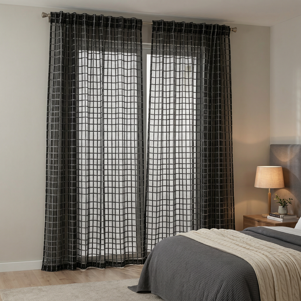 Modern Geometric Net Linen Blend Curtains