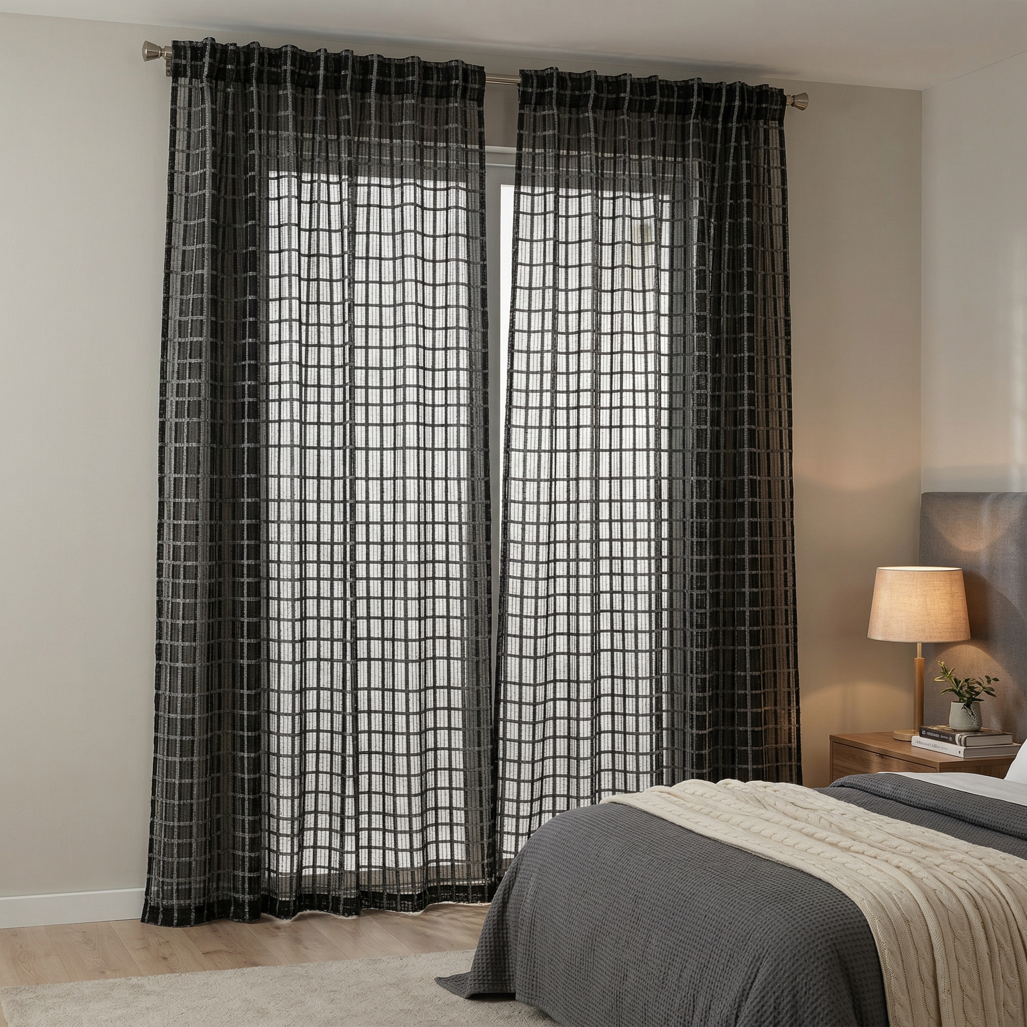 Modern Geometric Net Linen Blend Curtains