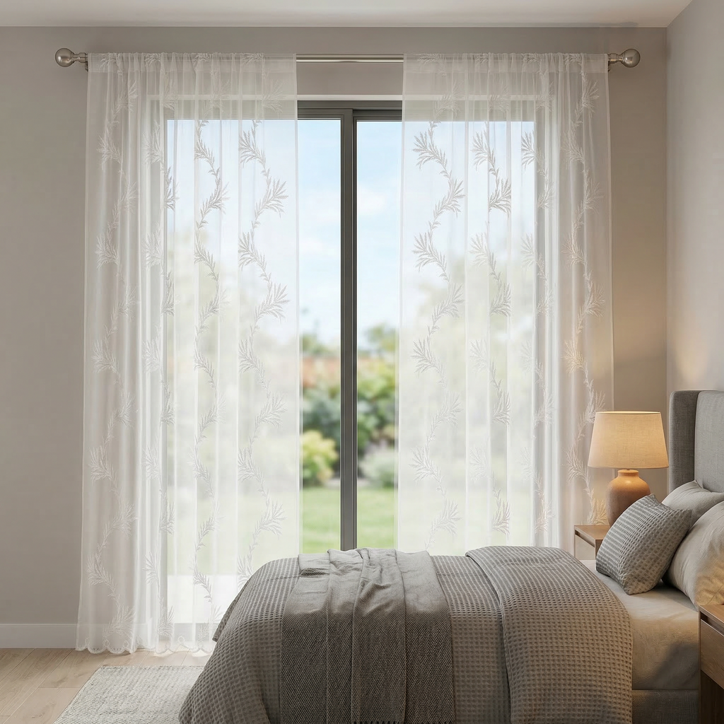 Botanical Leaf Embroidered Voile Curtains