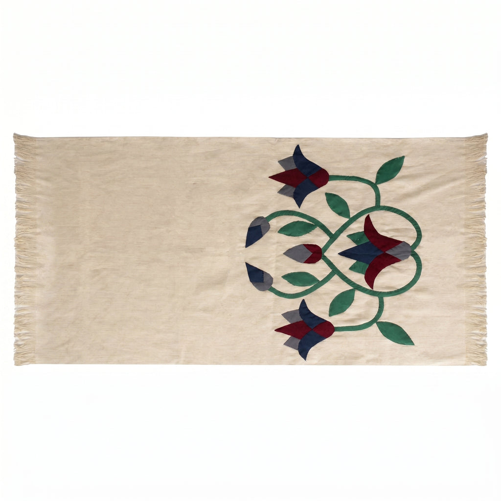 Red Lotus On Linen Table Runner
