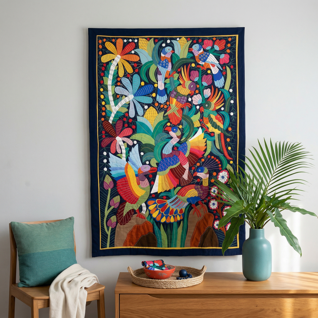 Colorful Bird And Palm  Handmade Patchwork Khayyamian Tapestry