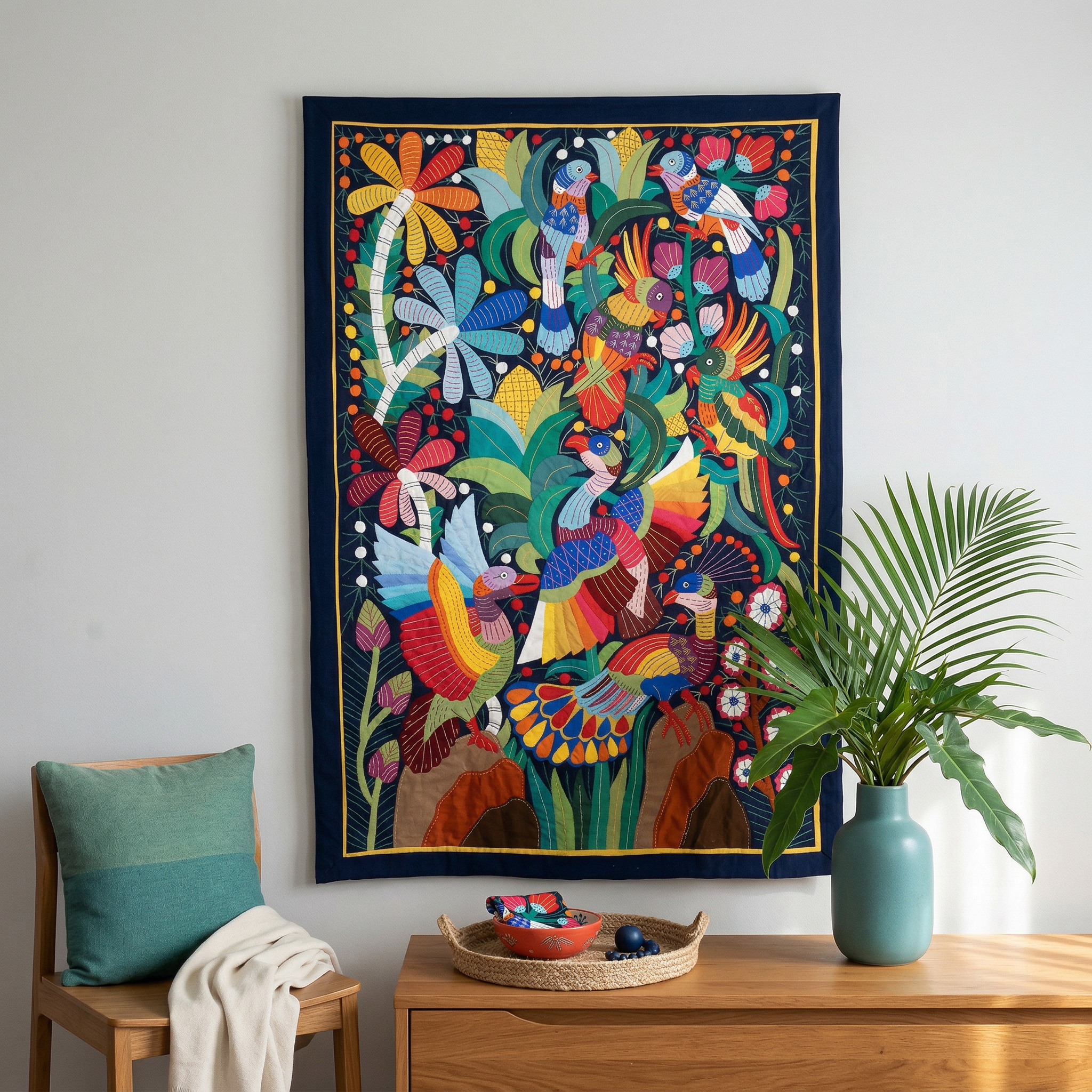 Colorful Bird And Palm  Handmade Patchwork Khayyamian Tapestry