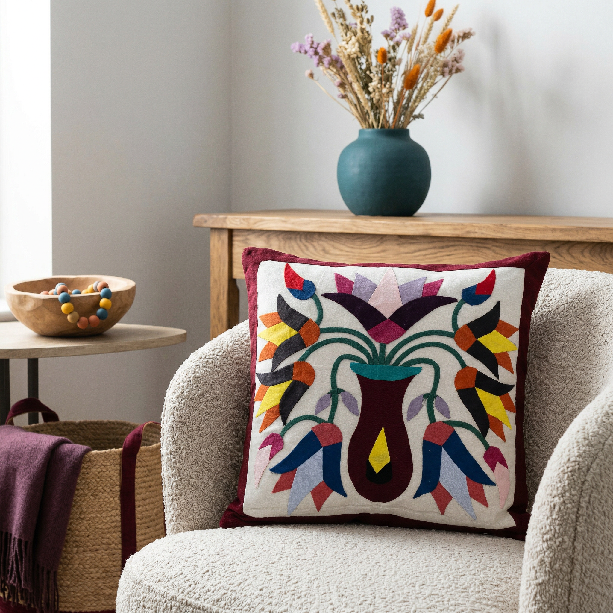 Appliqued Floral Patchwork  Cushion Cover