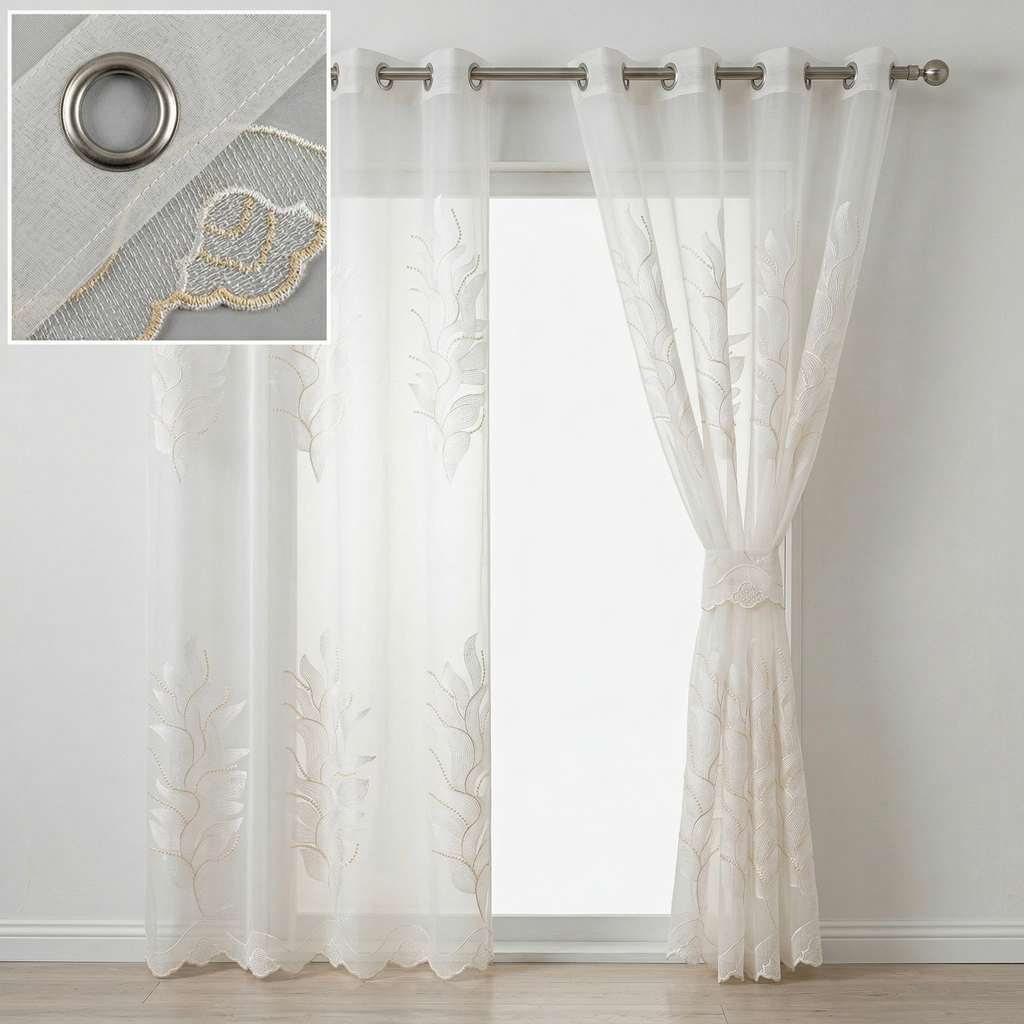 Sophia Embroidered Leaf White Voile Curtains