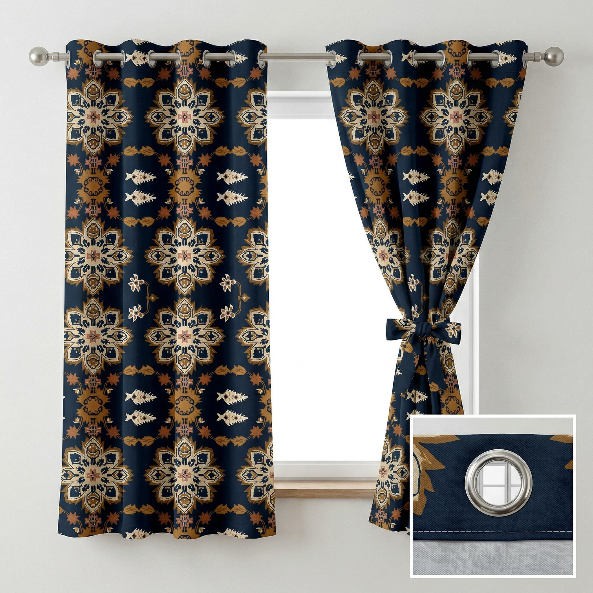 Navy Blue Fabric With Flower And Fish Curtains