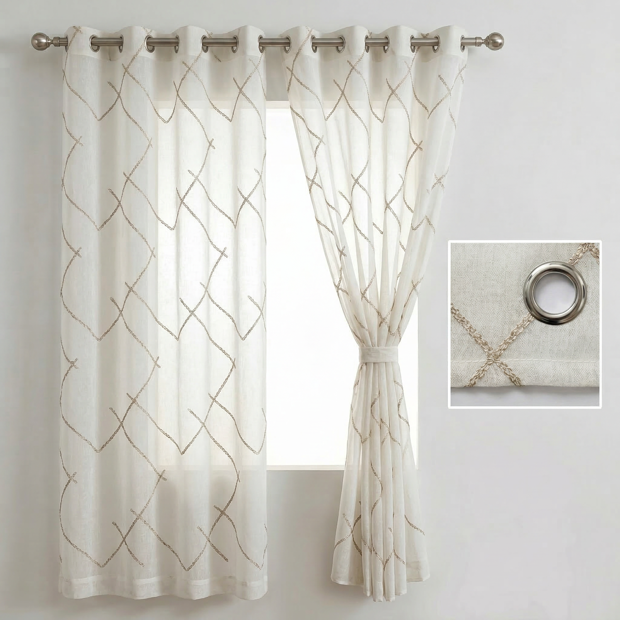Luxury Embroidered Geometric Linen Blend Sheer Curtains