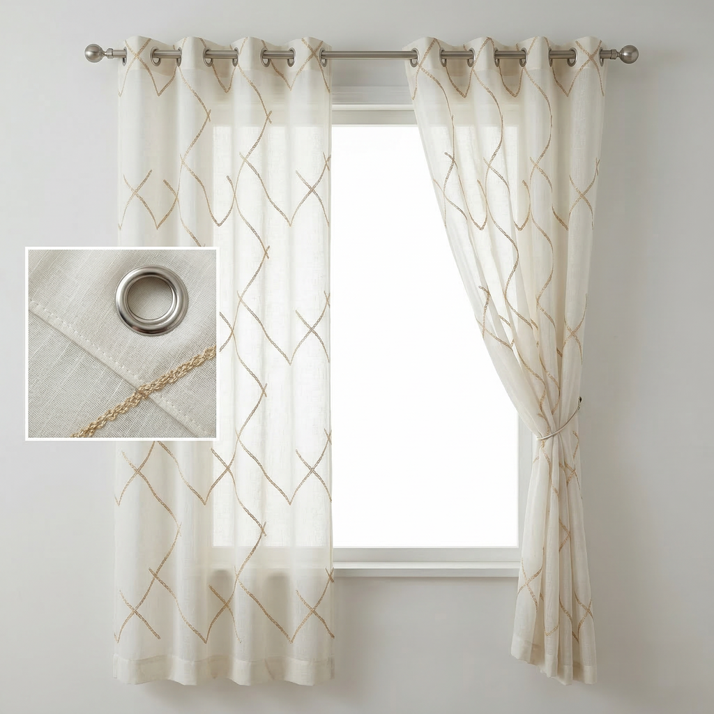 Luxury Embroidered Geometric Linen Blend Sheer Curtains