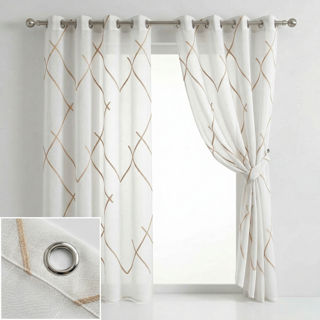 Luxury Embroidered Geometric Linen Blend Sheer Curtains