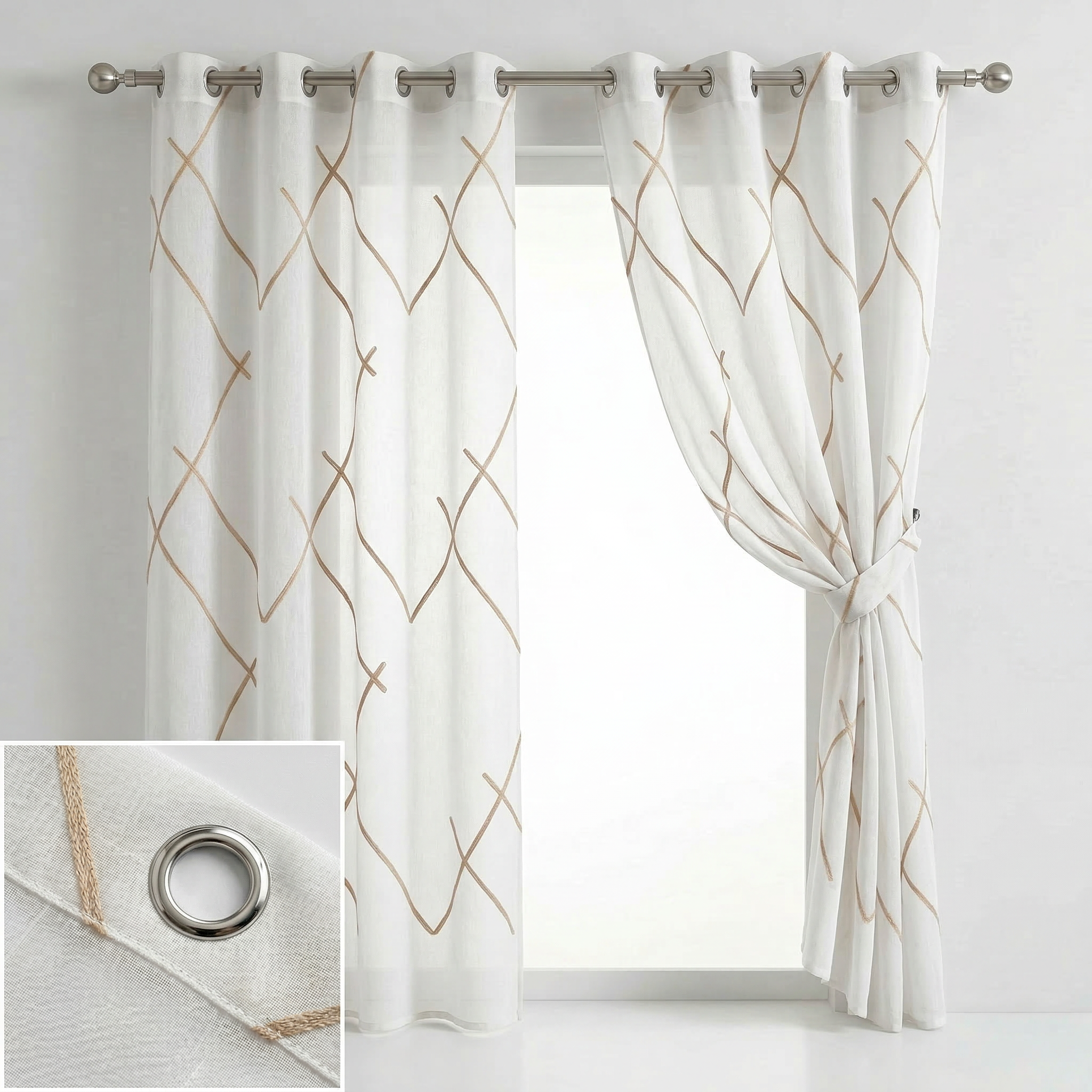 Luxury Embroidered Geometric Linen Blend Sheer Curtains