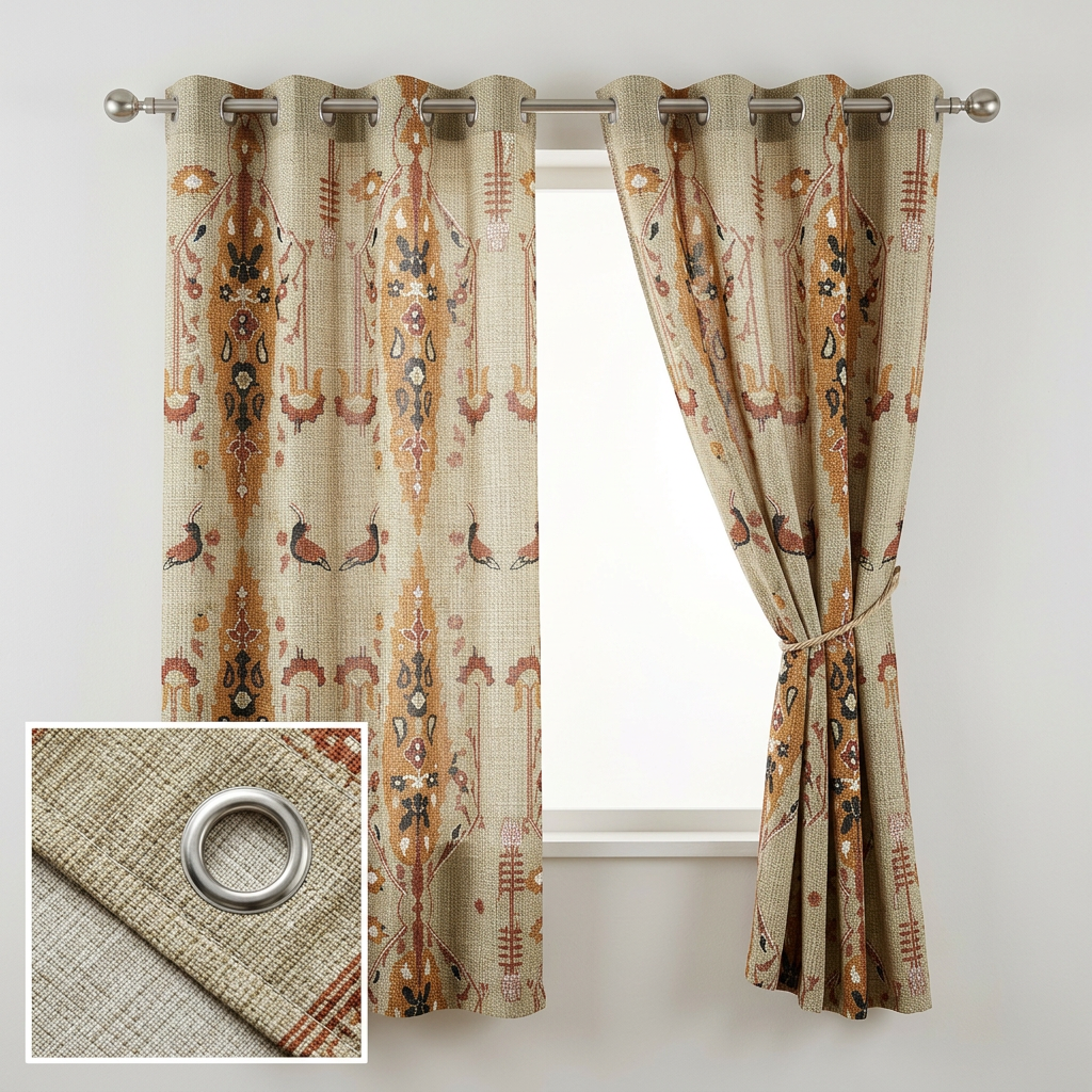 Rust And Black Oriental Bird Pattern Curtains