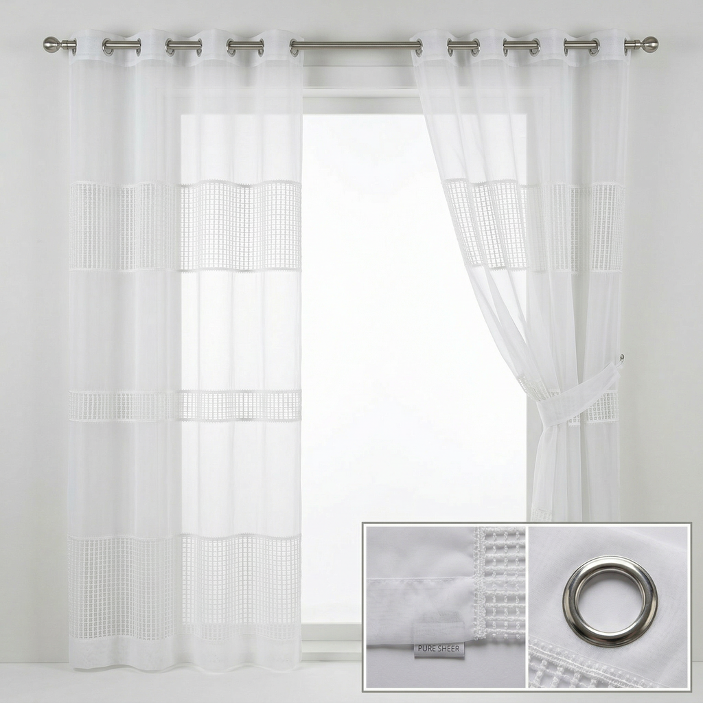 White Linen Sheer Curtains with Net Border