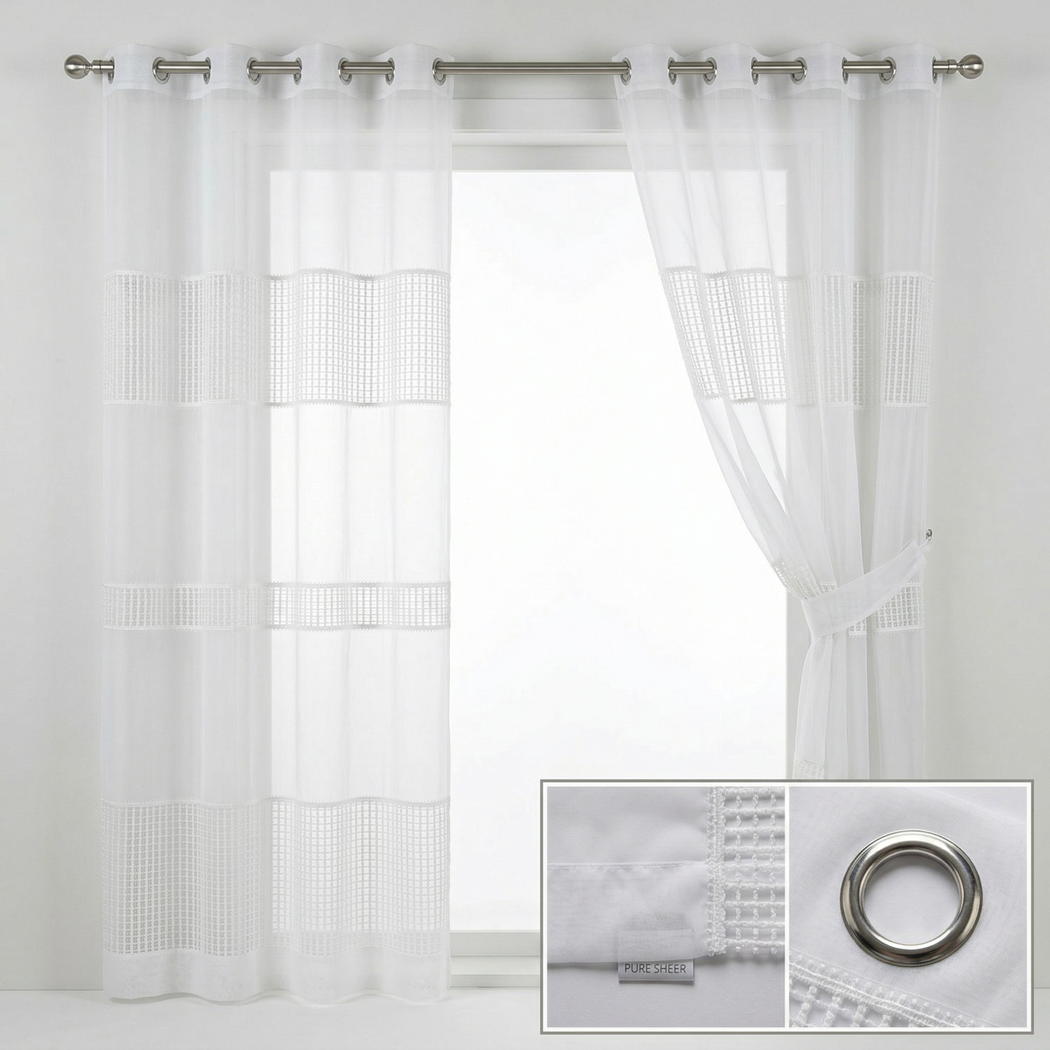 White Linen Sheer Curtains with Net Border