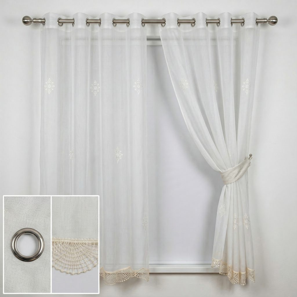 White Embroidered Voile with Lace Trim Curtains