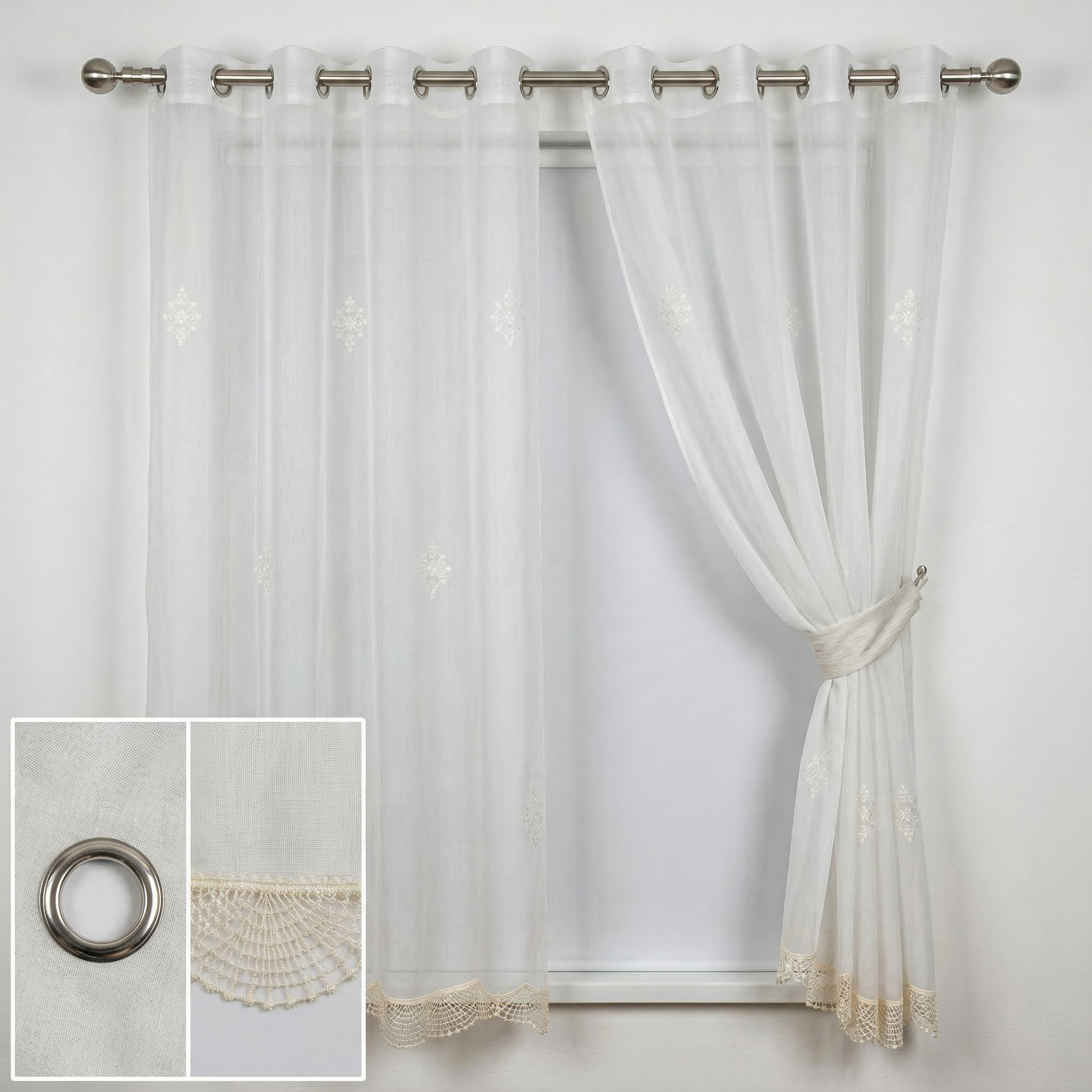 White Embroidered Voile with Lace Trim Curtains