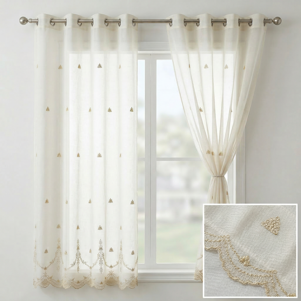 Luxury Off-White Linear Embroidery Sheer Voile Curtains