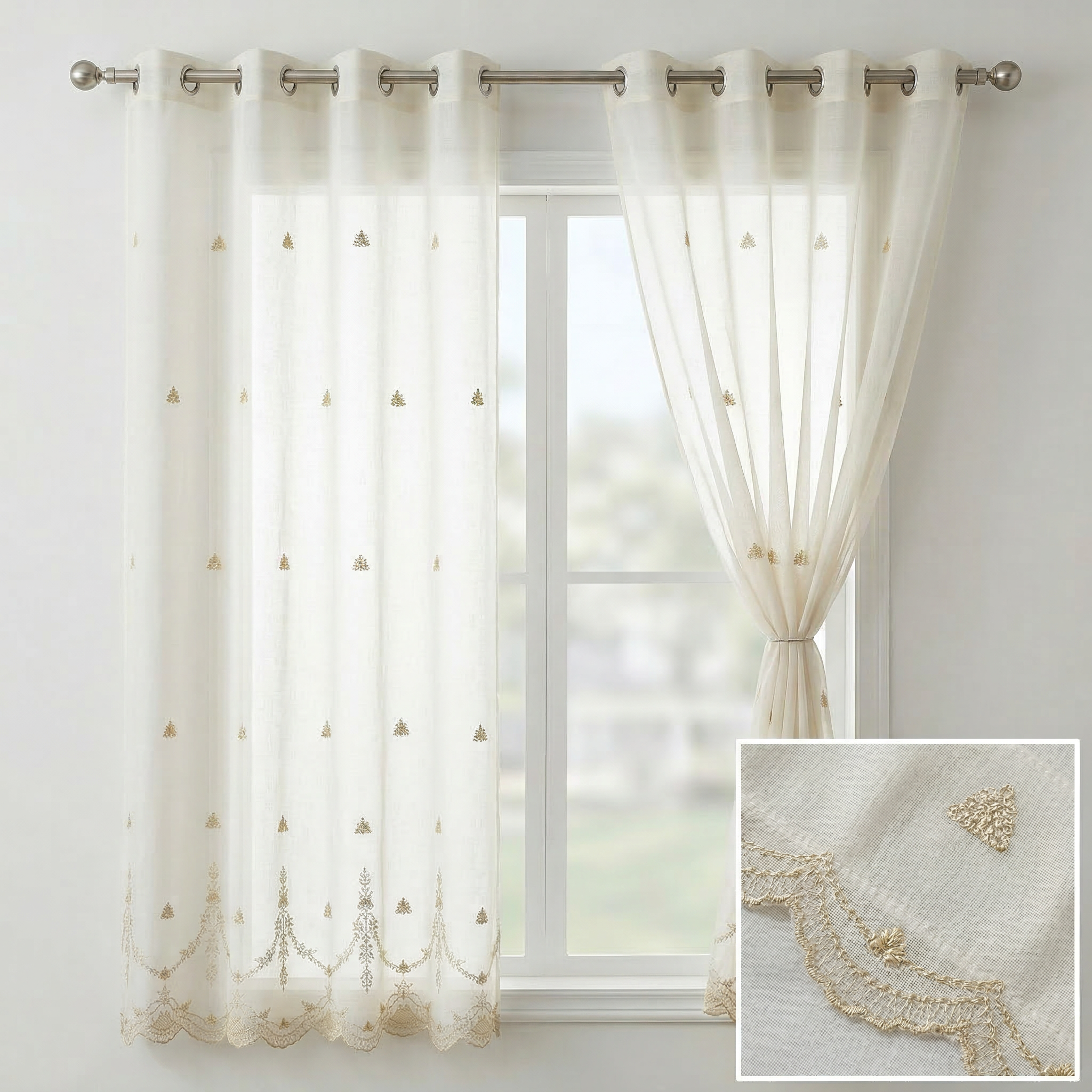 Luxury Off-White Linear Embroidery Sheer Voile Curtains