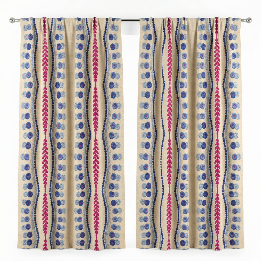 Natural Linen Look Teal Pink Ethnic Border Curtains